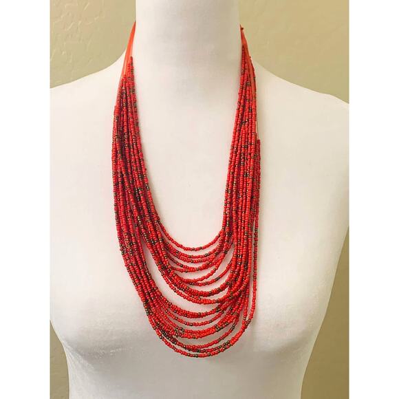 20 Strand Red Beaded Necklace, Seed Beads - Picture 1 of 6